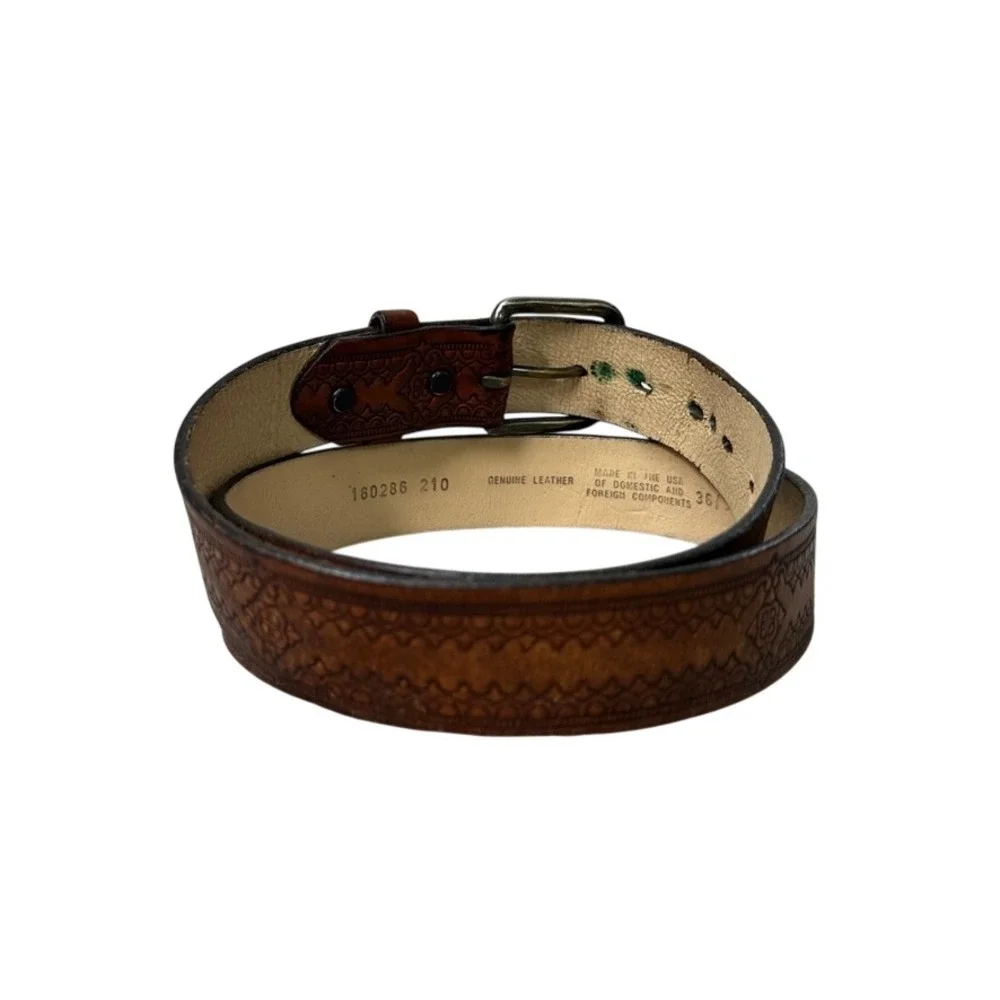 Vintage Brown Tooled Leather Belt Mens 36 Western Basketweave Made in USA 160286